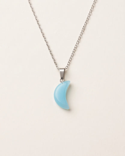 Silver Light Blue Crescent Moon Resin Pendant Necklace