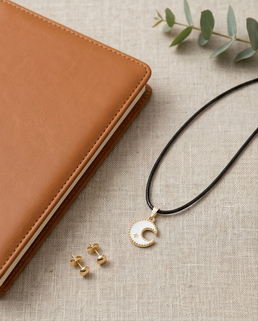 Gold and White Celestial Crescent Moon Necklace