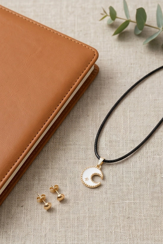 Gold and White Celestial Crescent Moon Necklace
