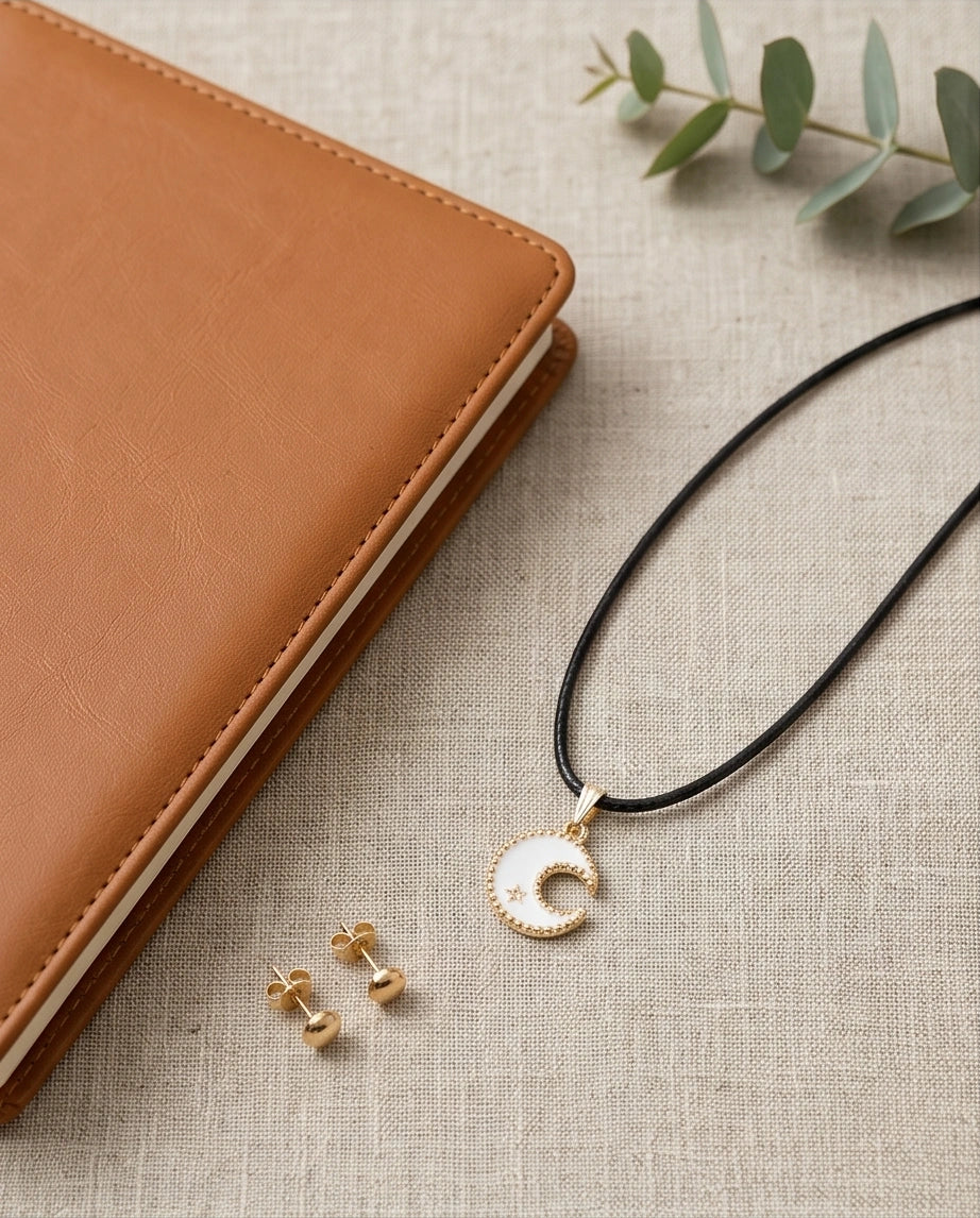 Gold and White Celestial Crescent Moon Necklace
