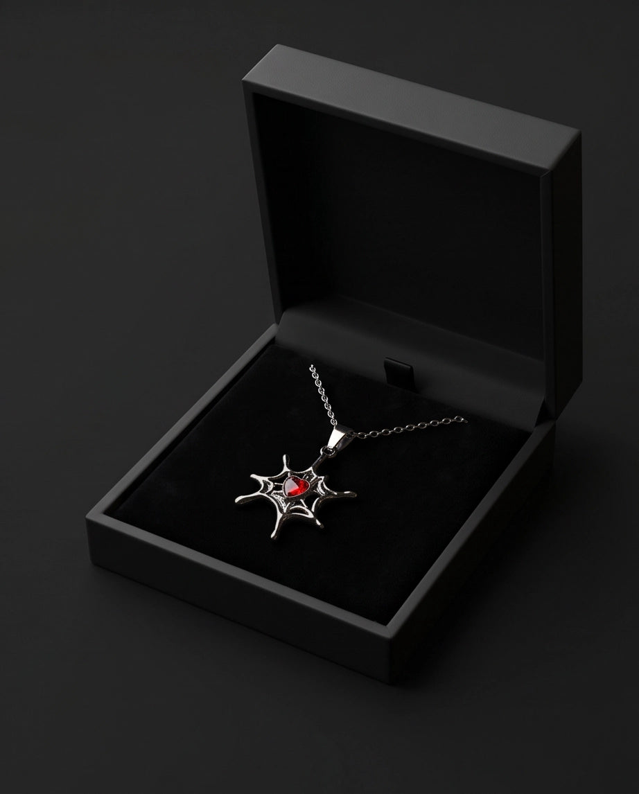 Black Spiderweb Red Heart Gem Pendant Necklace