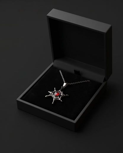 Black Spiderweb Red Heart Gem Pendant Necklace