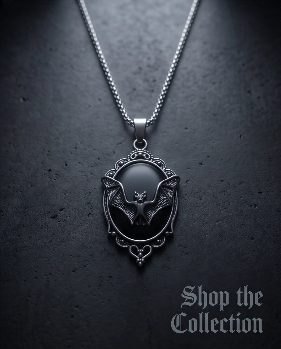 Antique Silver Gothic Bat Black Enamel Medallion Chain Necklace