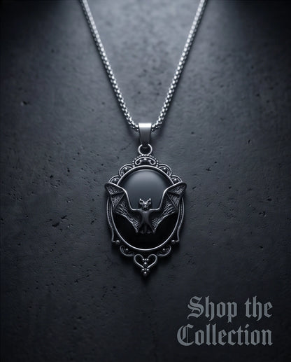 Antique Silver Gothic Bat Black Enamel Medallion Chain Necklace