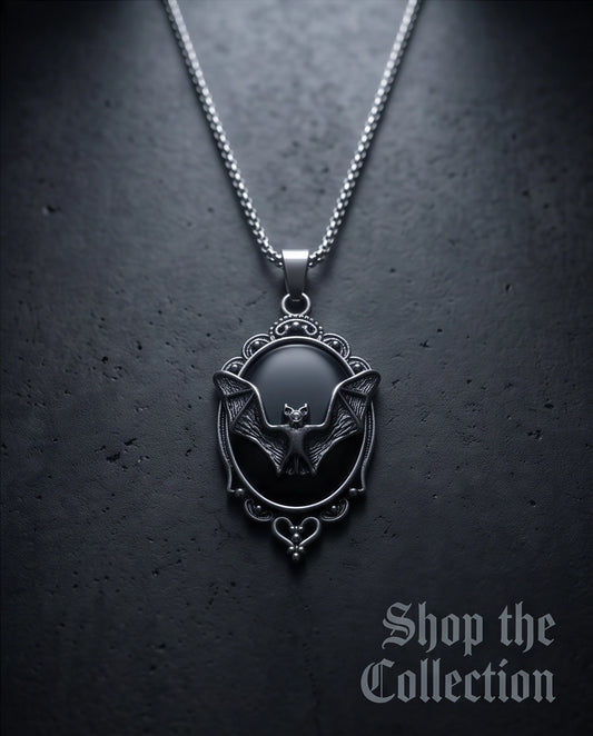 Antique Silver Gothic Bat Black Enamel Medallion Chain Necklace