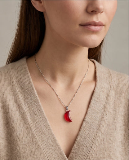 Silver Carnelian Red Crescent Moon Pendant Necklace