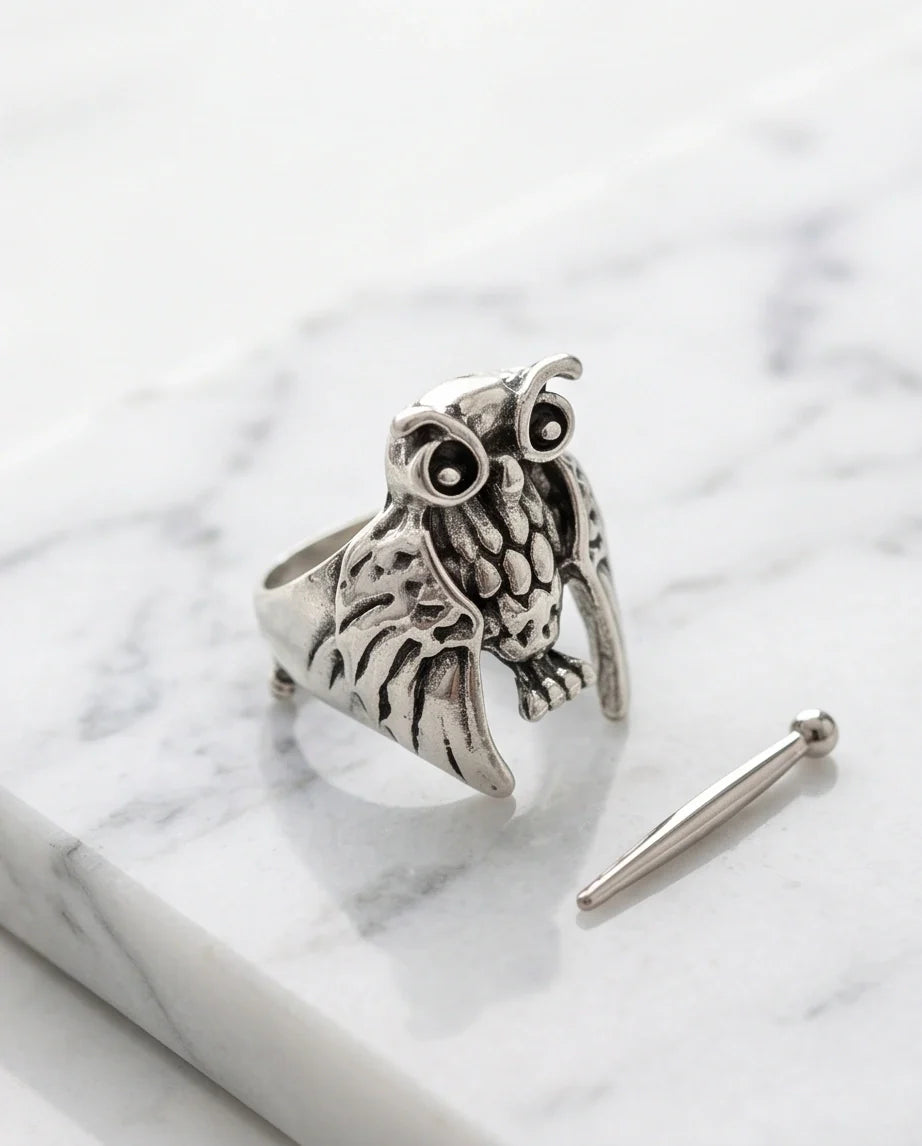 Vintage Silver Oxidized Owl Wisdom Statement Ring