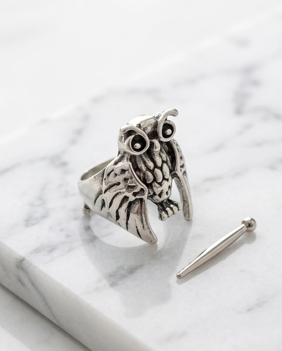 Vintage Silver Oxidized Owl Wisdom Statement Ring