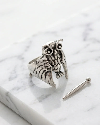 Vintage Silver Oxidized Owl Wisdom Statement Ring