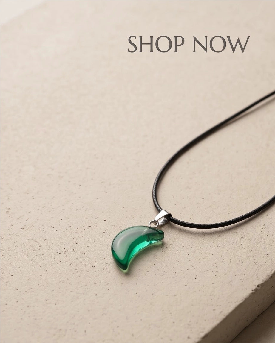 Silver Emerald Green Crescent Moon Pendant Necklace