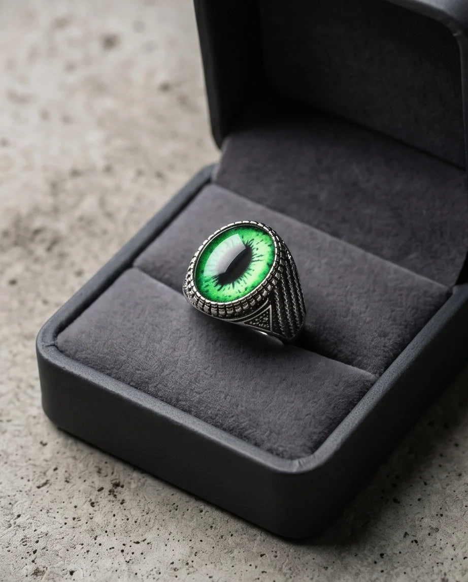 Vintage Sterling Silver Emerald Reptile's Eye Statement Ring