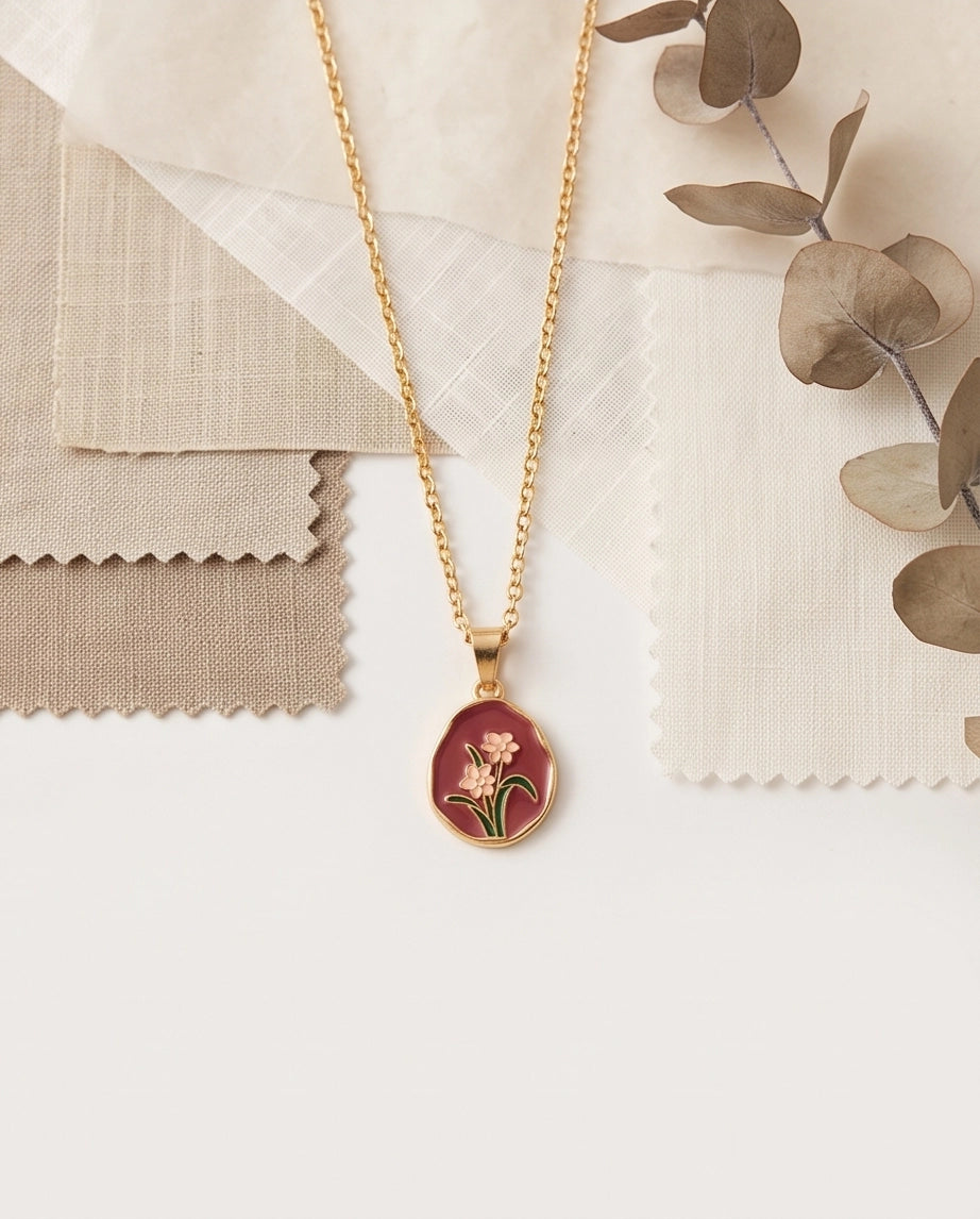 Gold Pink Floral Enamel Medallion Chain Necklace