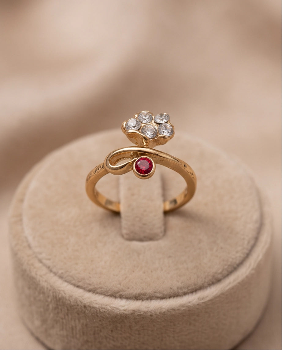 Crystal Flower & Ruby Accent Bow Ring