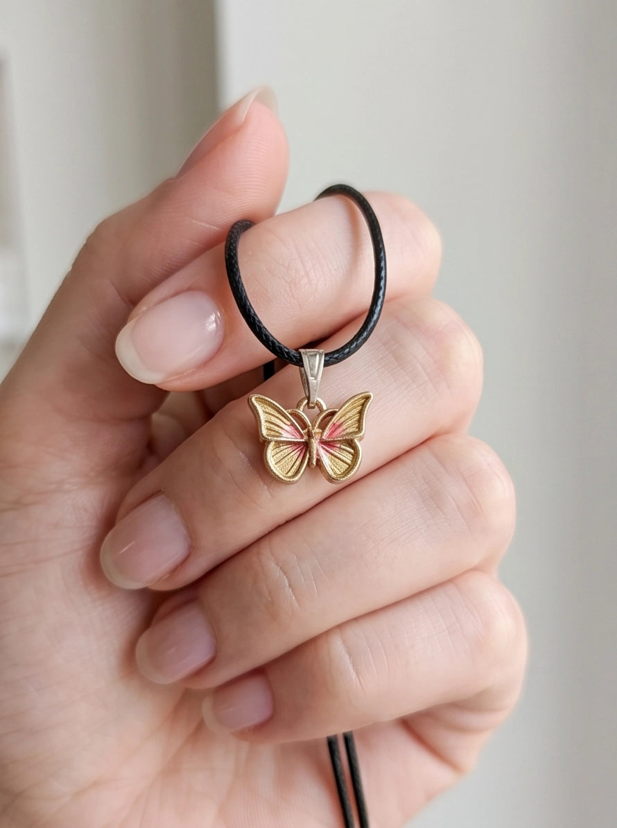 Gold & Pink Butterfly Pendant Necklace