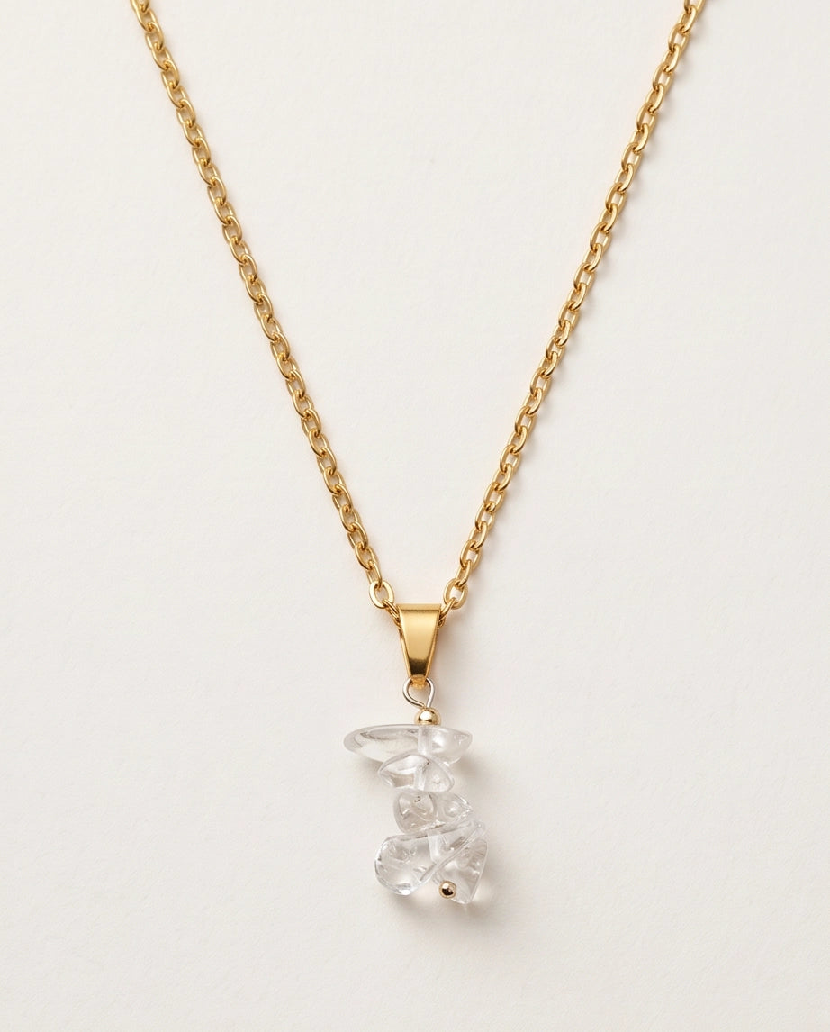 Silver Stacked Raw Clear Quartz Chip Stone Pendant Necklace