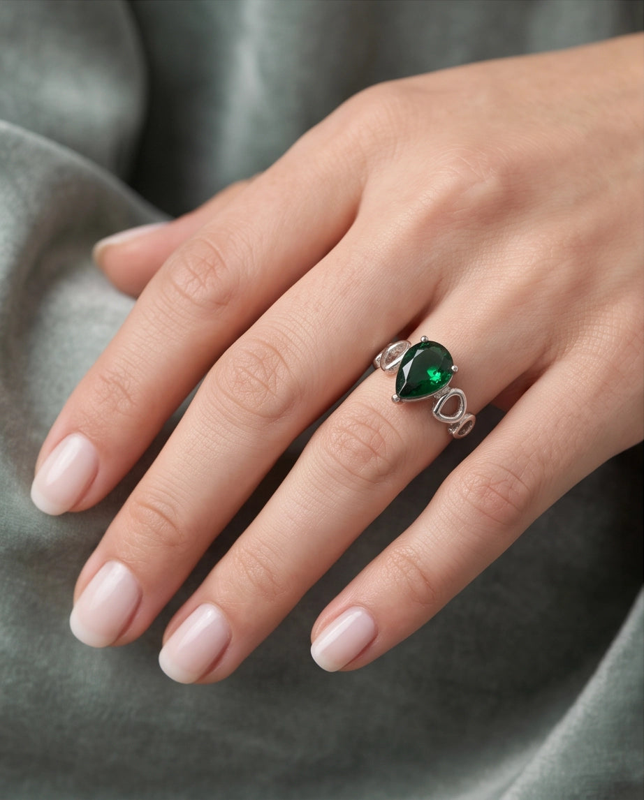 Emerald Gemstone Prong-Set Teardrop Loop Silver Ring