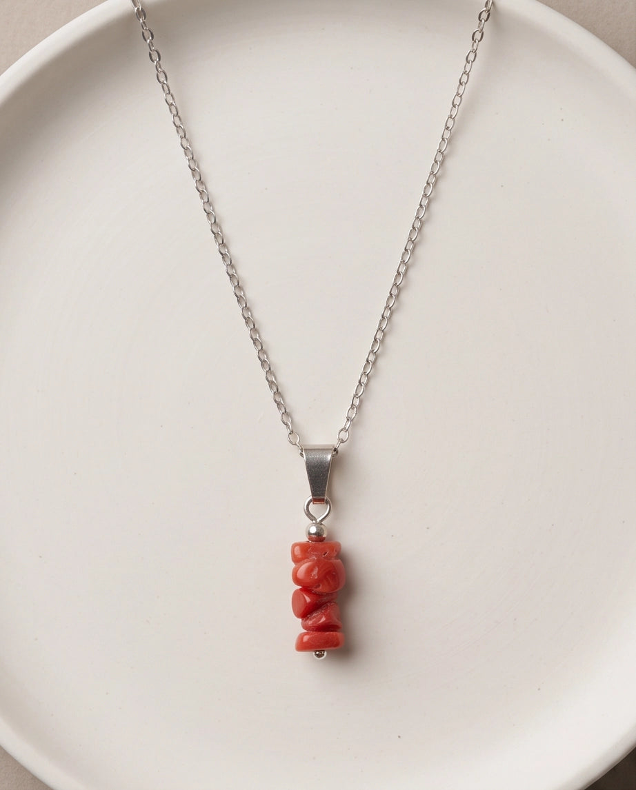 Silver Stacked Raw Red Agate Chip Stone Pendant Necklace