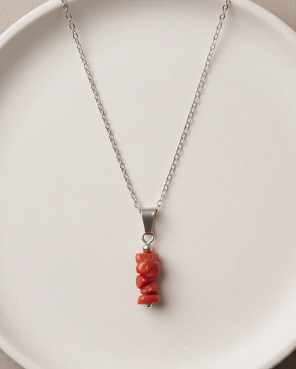 Silver Stacked Raw Red Agate Chip Stone Pendant Necklace