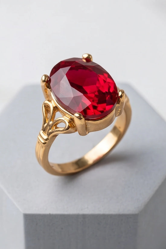 Gold Plated Crimson Ruby Oval Filigree Ring