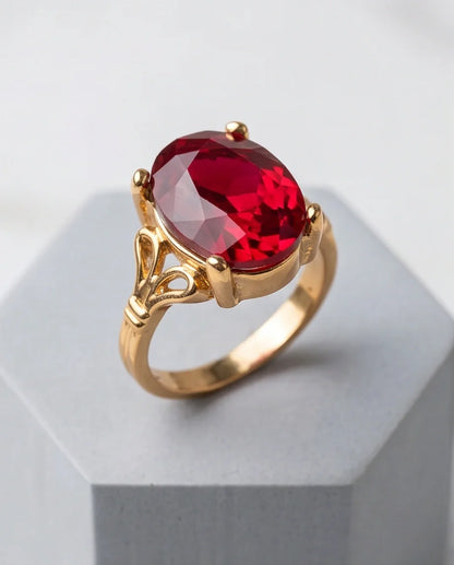 Gold Plated Crimson Ruby Oval Filigree Ring