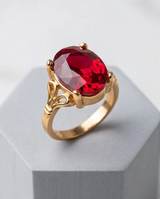 Gold Plated Crimson Ruby Oval Filigree Ring