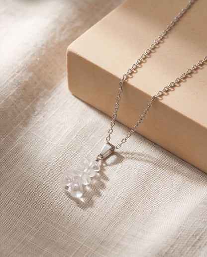 Silver Stacked Raw Clear Quartz Chip Stone Pendant Necklace