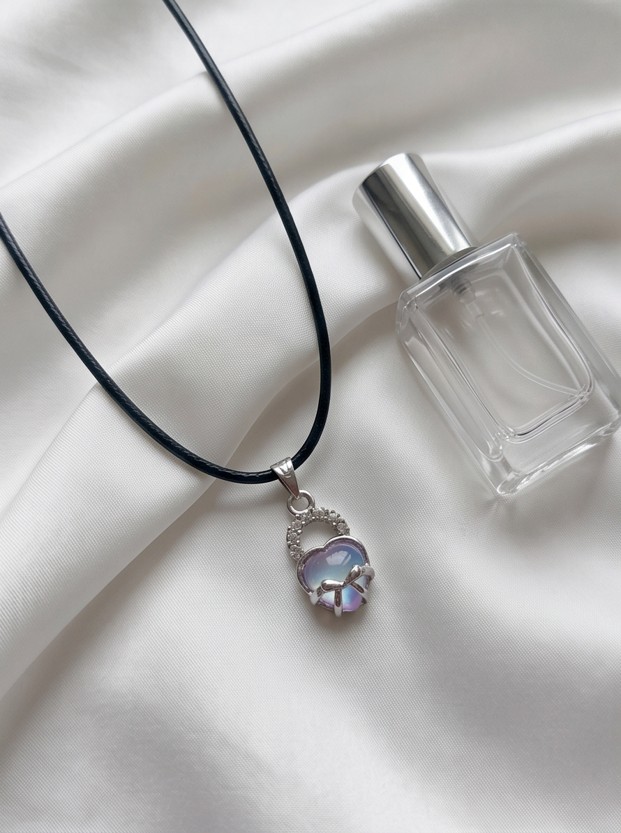 Opalite Heart Bow Lock Pendant Necklace