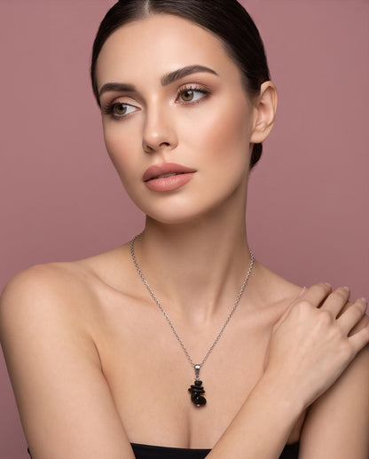 Silver Stacked Raw Black Obsidian Chip Stone Pendant Necklace