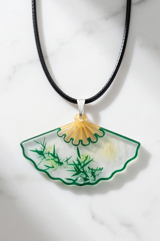 Artistic Green Bamboo Fan Pendant Necklace