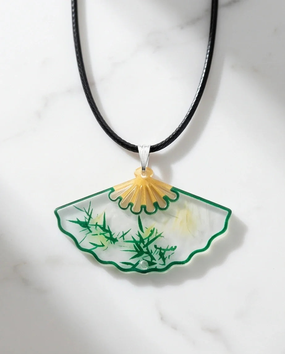 Artistic Green Bamboo Fan Pendant Necklace