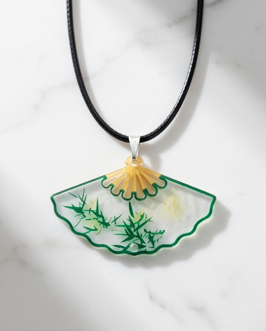 Artistic Green Bamboo Fan Pendant Necklace
