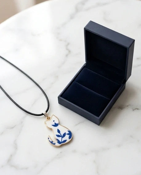 Artistic Blue Porcelain Feline Silhouette Pendant Necklace