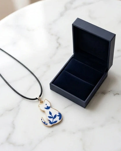 Artistic Blue Porcelain Feline Silhouette Pendant Necklace