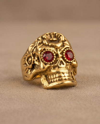 Ruby-Eyed Beaded Bezel Filigree Skull Gold Ring