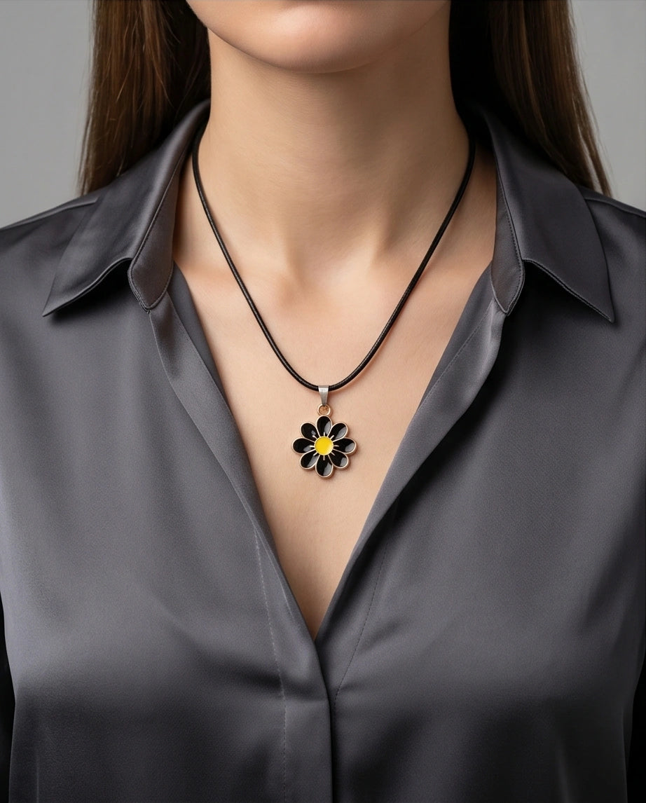 Gold and Black Daisy Pendant Necklace