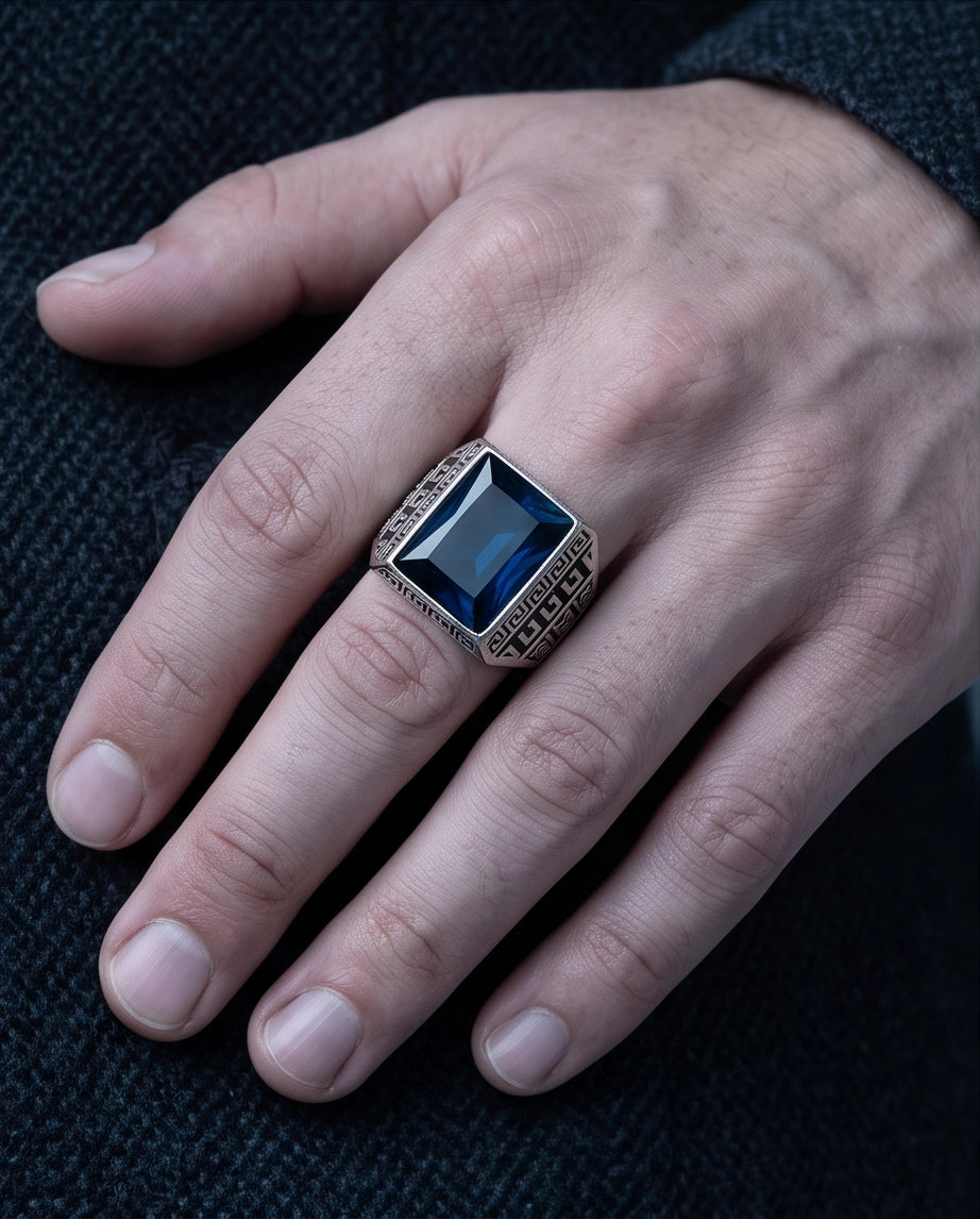 Deep Sapphire Emerald-Cut Gemstone Greek Key Silver Ring