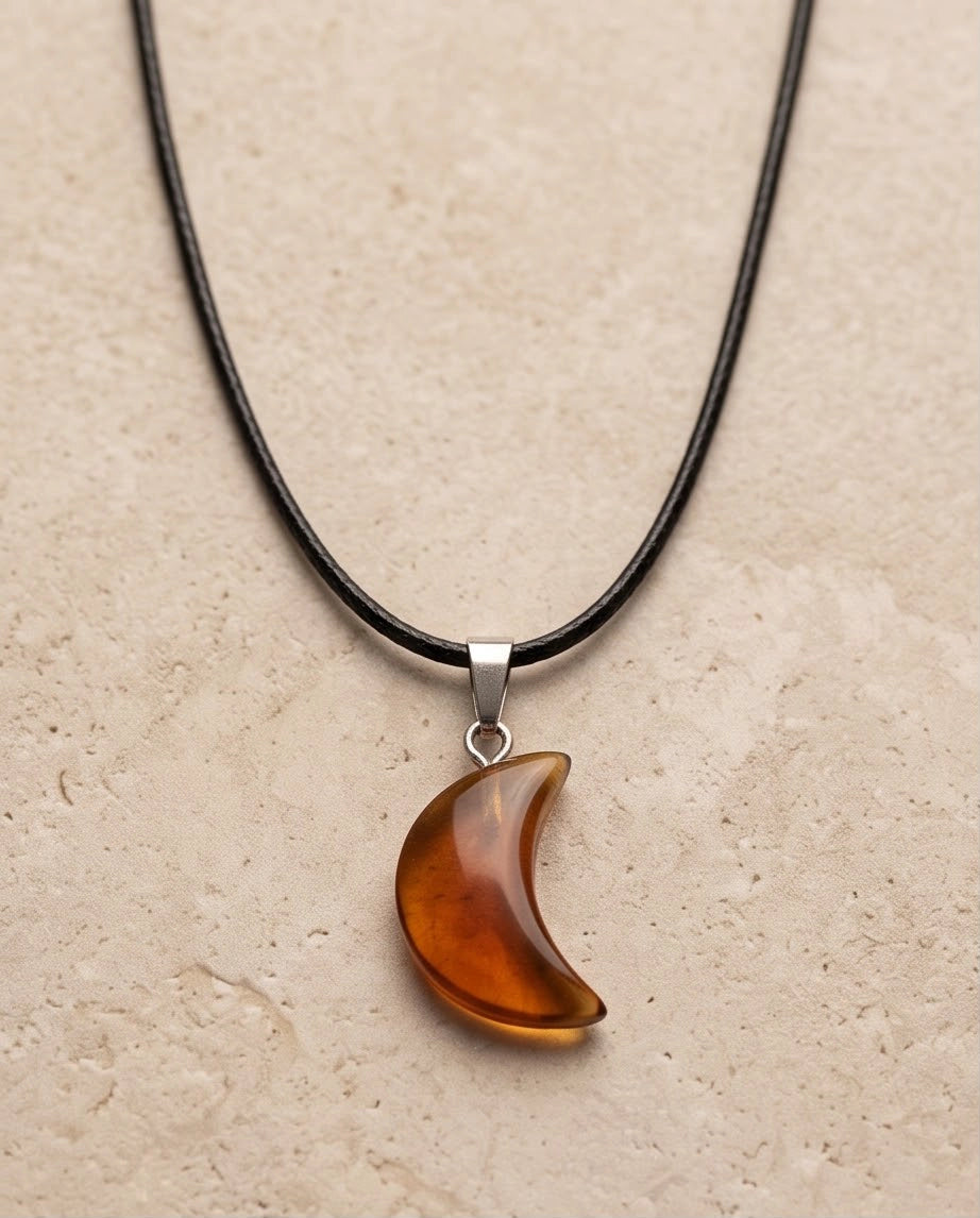 Silver Amber Resin Crescent Moon Pendant Necklace
