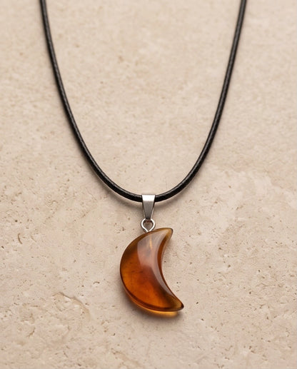 Silver Amber Resin Crescent Moon Pendant Necklace