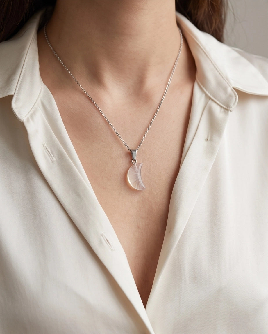 Silver Opalite Crescent Moon Pendant Necklace