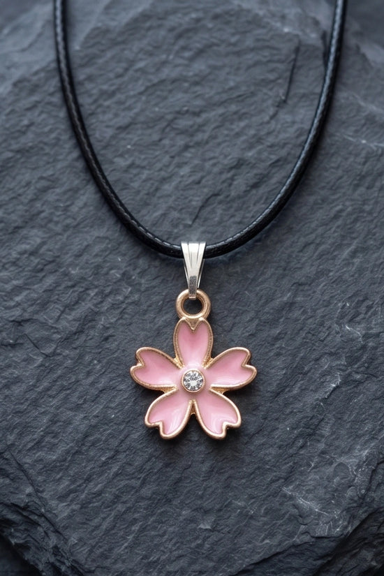 Pink Cherry Blossom Enamel Pendant Necklace with Crystal Accent