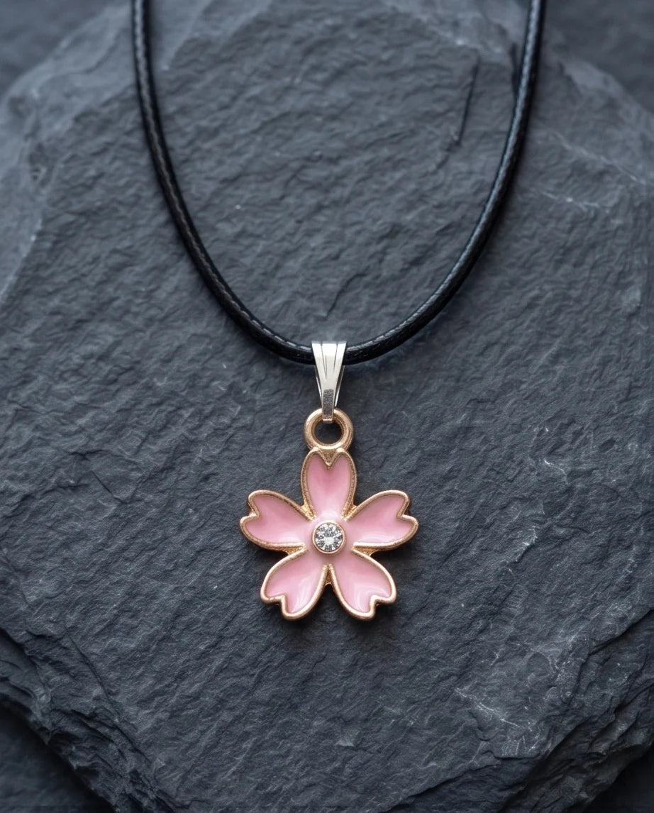 Pink Cherry Blossom Enamel Pendant Necklace with Crystal Accent