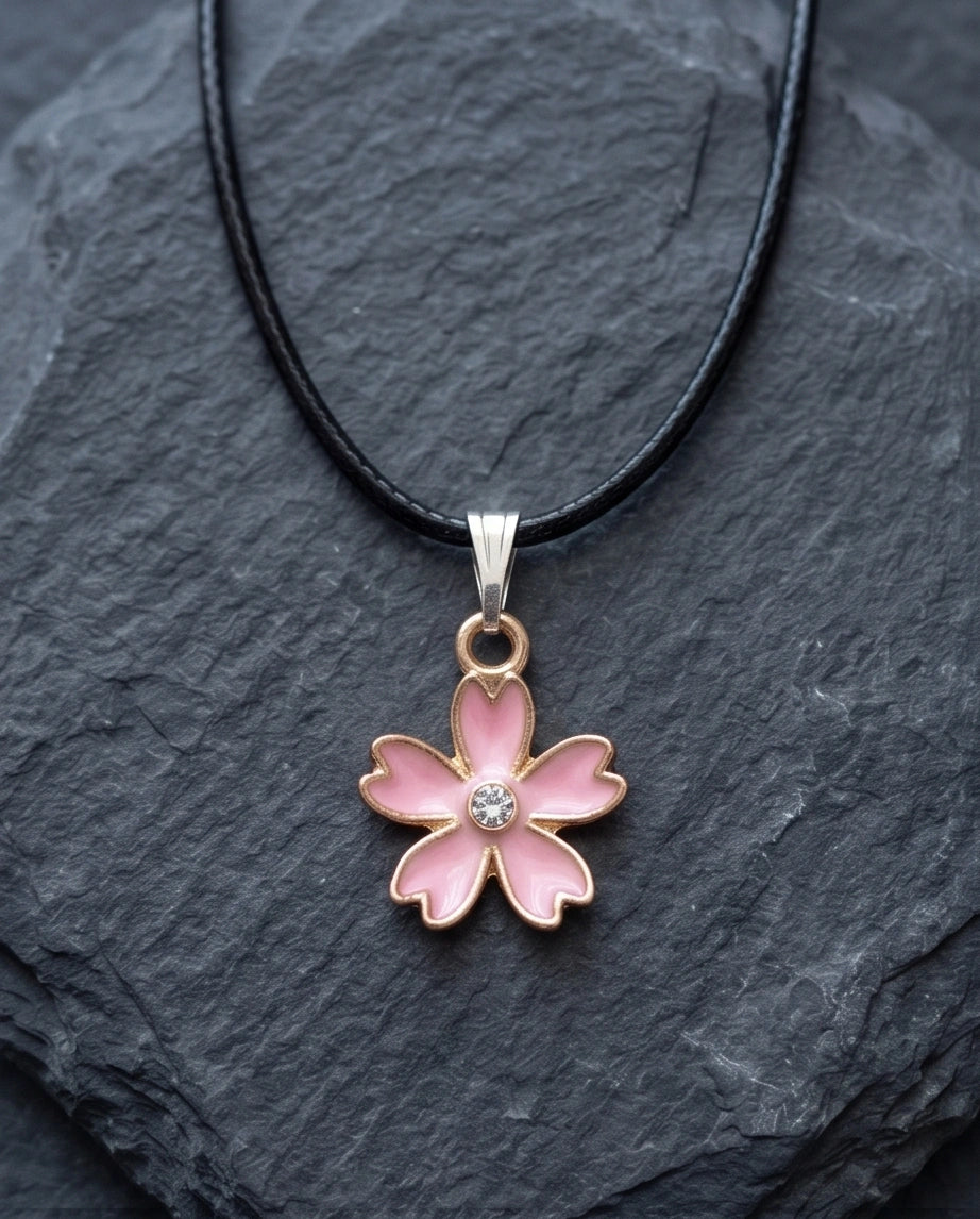 Pink Cherry Blossom Enamel Pendant Necklace with Crystal Accent