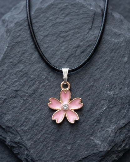 Pink Cherry Blossom Enamel Pendant Necklace with Crystal Accent