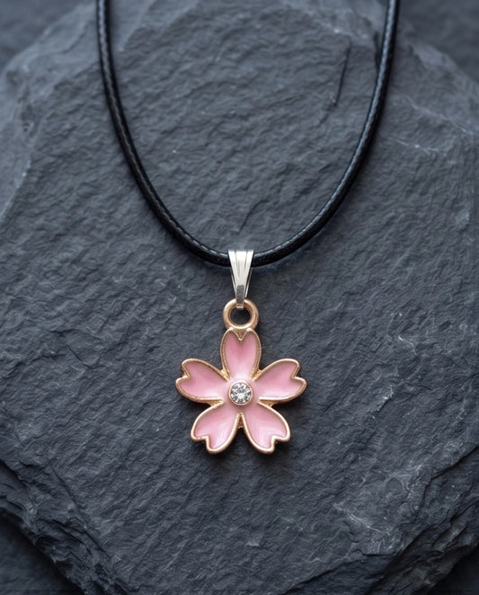 Pink Cherry Blossom Enamel Pendant Necklace with Crystal Accent