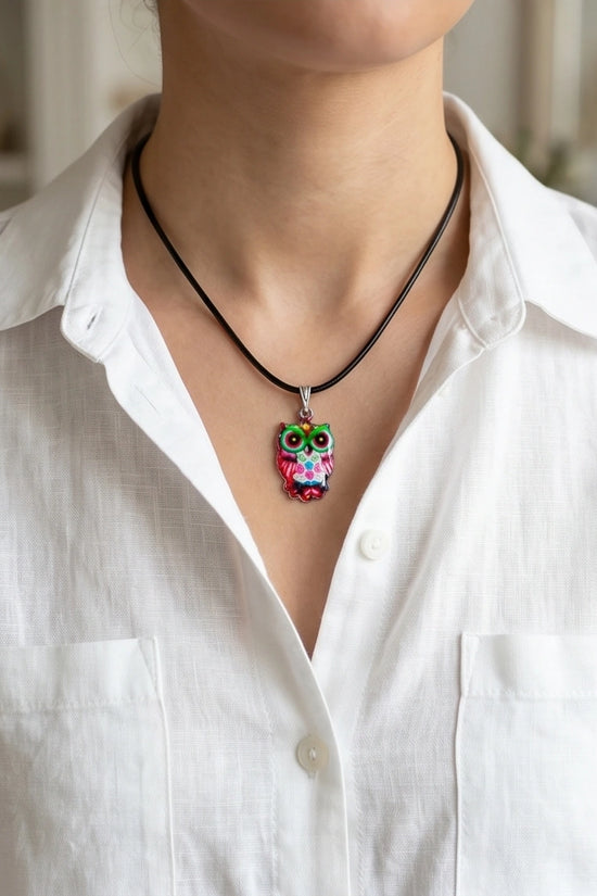 Vibrant Kaleidoscope Owl Totem Pendant Necklace