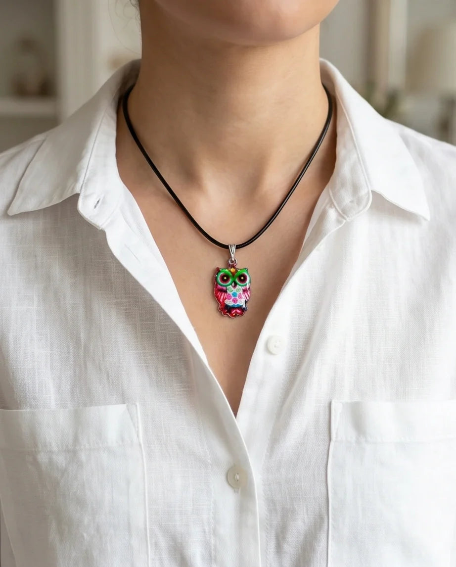 Vibrant Kaleidoscope Owl Totem Pendant Necklace
