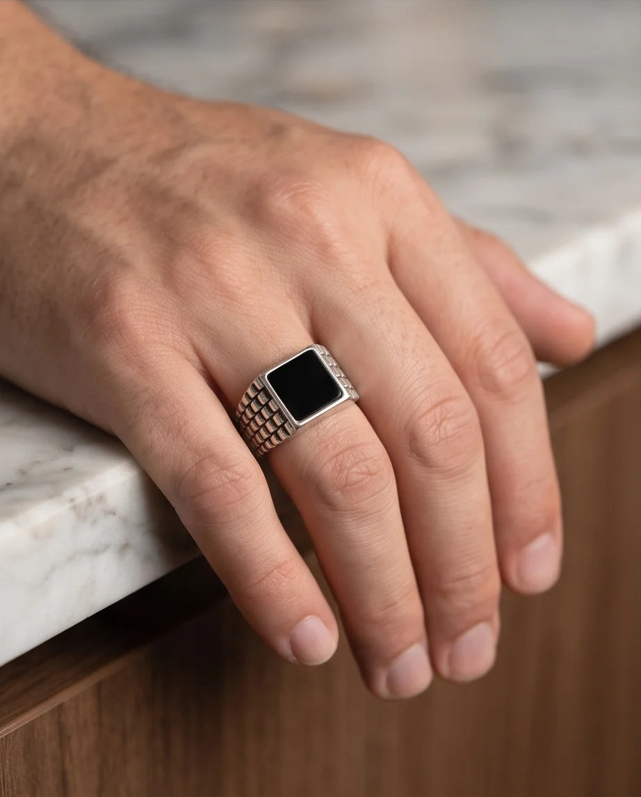 Onyx-Style Square Inlay Brick-Link Band Silver Ring