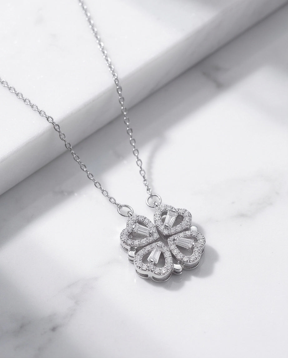 Silver Convertible 2-in-1 Heart Clover Necklace