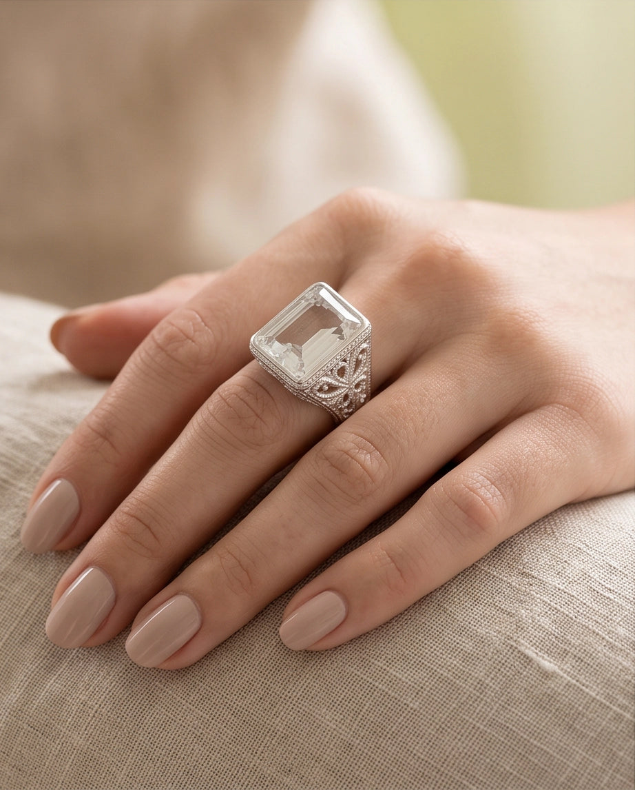 Clear Quartz Emerald-Cut Gemstone Filigree Beaded Silver Ring