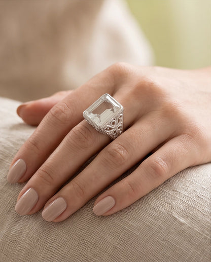 Clear Quartz Emerald-Cut Gemstone Filigree Beaded Silver Ring